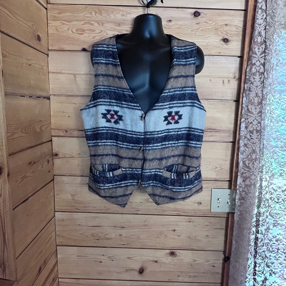 Vintage Wool Blanket Vest‎ Unisex Extra Large Multi Aztec Geometric Nepal 90s